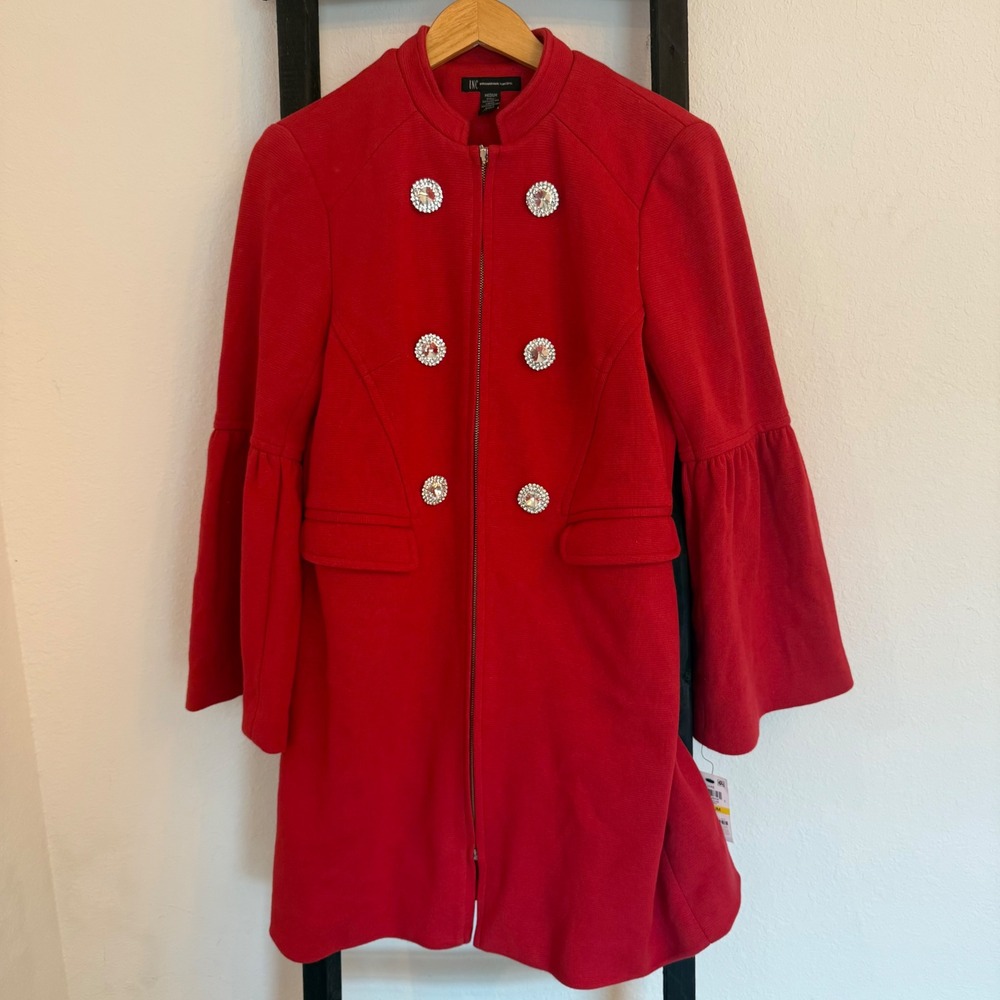 INC International Concepts Coat Women Medium Red Crystal Button Bell Sleeve NEW